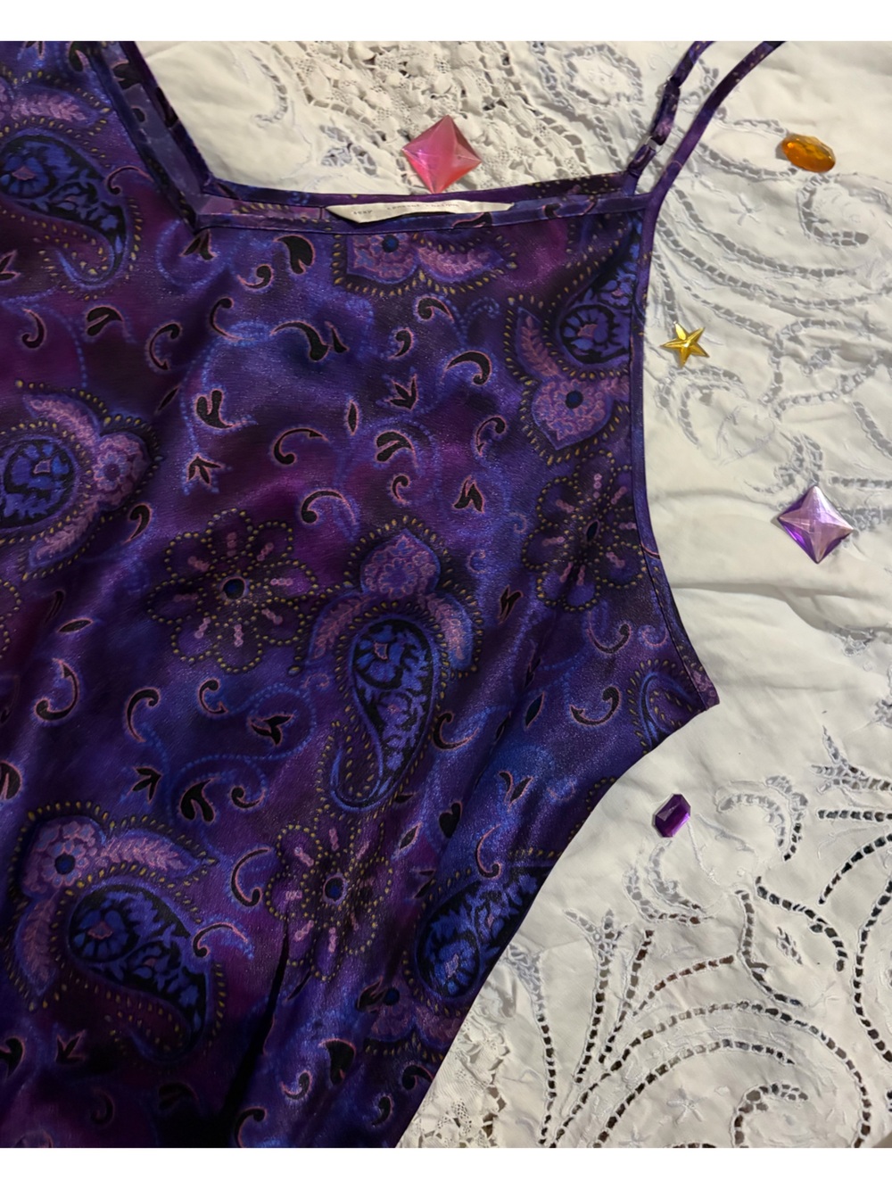 Y2K Whimsigoth Purple Satin Nightgown Paisley Boho Chemise Celestial Slip Dress